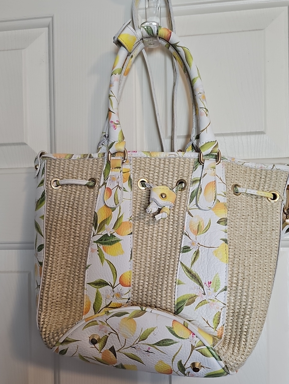 Valentina White & Yellow Lemon-Print Leather With Strap & Handle Bucketbag